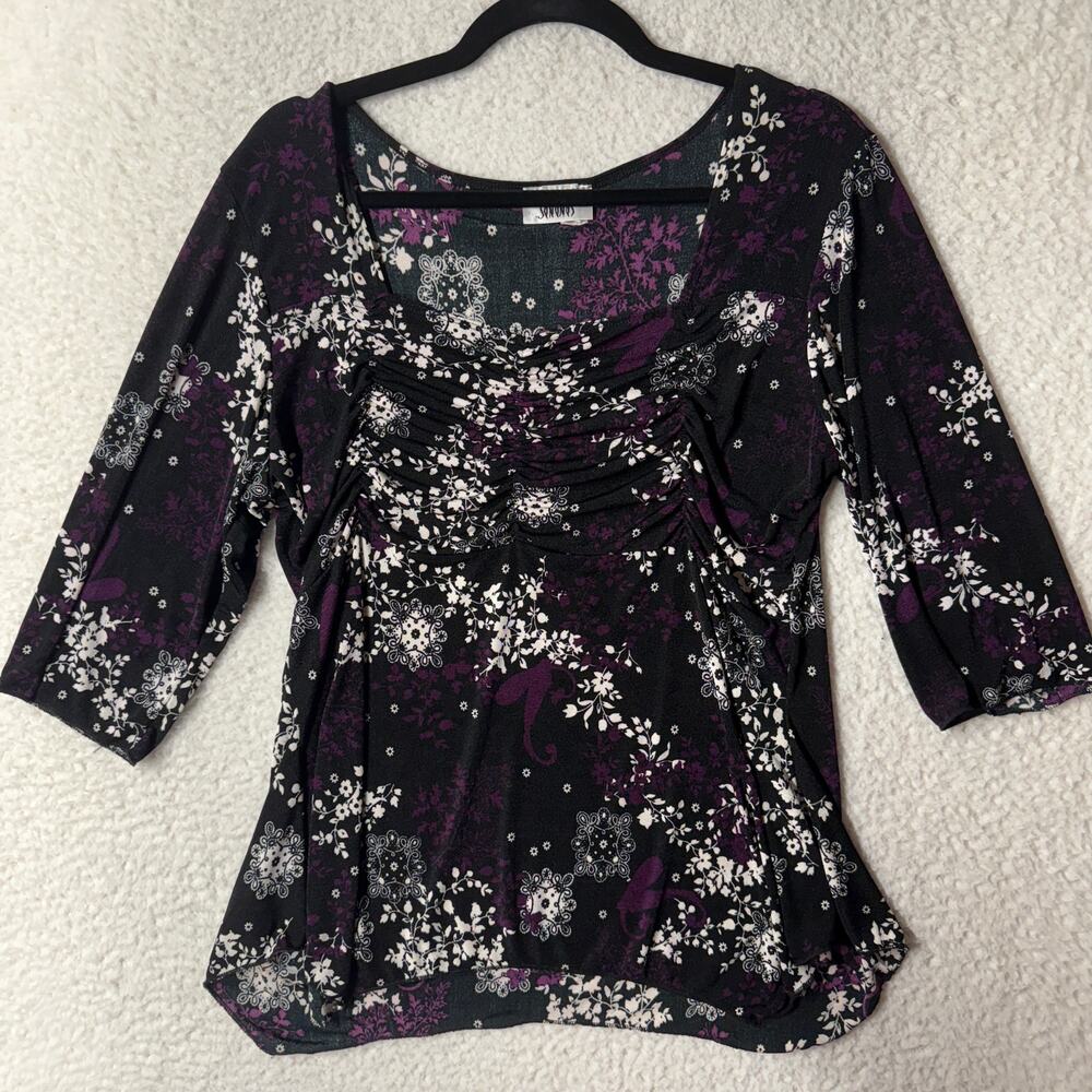 Jananas Size 1X Milkmaid Babydoll Blouse Mesh Dark Floral Y2K Fairy Goth VTG USA